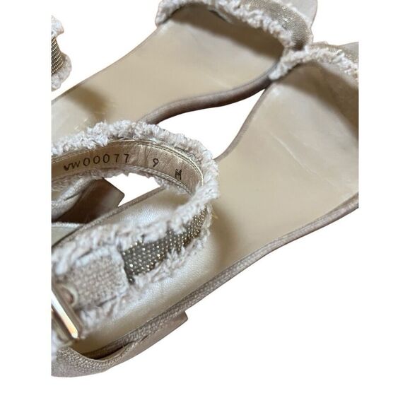 Stuart Weitzman Gold Beaded Beige Tweed Nudistchains Sandals Ankle/Toe Strap 9 M - Picture 4 of 11